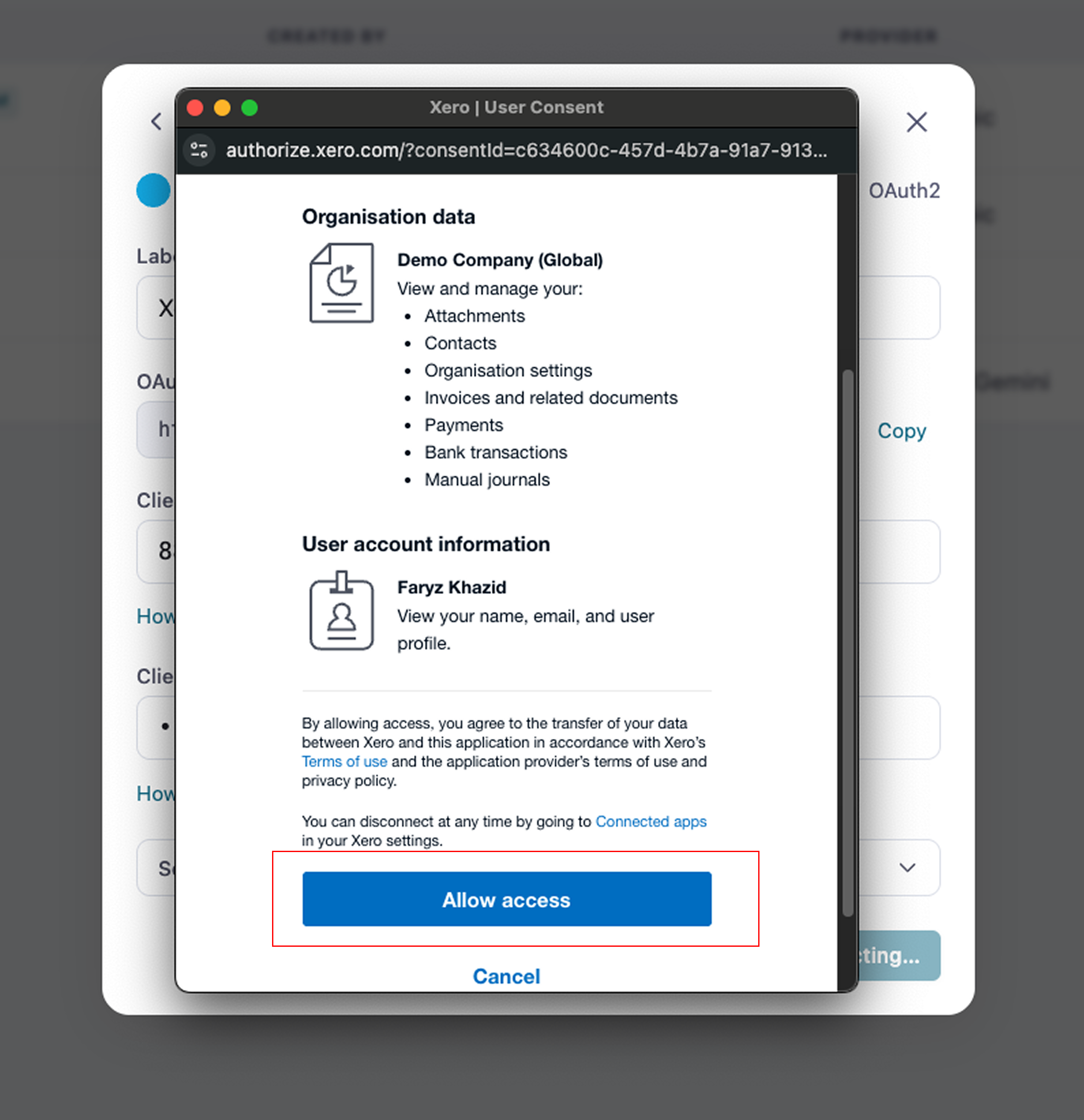 The Xero OAuth authorisation screen with the Allow access button highlighted